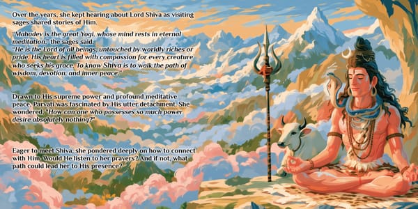 Sample spread from the Brahmacharini storybook for kids: sages tell Parvati of Mahadev, the great Yogi meditating in the Himalayas beside his trident and Nandi the bull