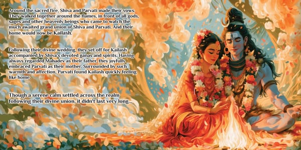 Sample spread from the Chandraghanta storybook for kids: Shiva and Parvati make their vows around the sacred fire at their divine wedding, and set off together for Kailash
