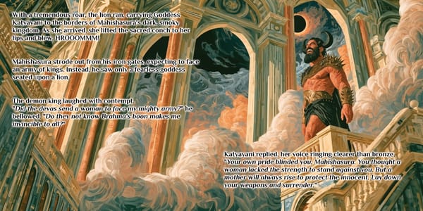 Sample spread from the Katyayani storybook for kids: the horned demon king Mahishasura laughs from the balcony of his smoky palace as Goddess Katyayani arrives on her lion