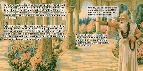 Sample spread from the Kushmanda storybook for kids: grief-stricken Sage Kashyapa points his finger and shouts a curse in the golden gardens of Suryalok, home of the Sun God