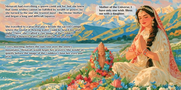 Sample spread from the Shailputri storybook for kids: Queen Menavati prays to the Divine Mother by the river Ganga, asking for a daughter